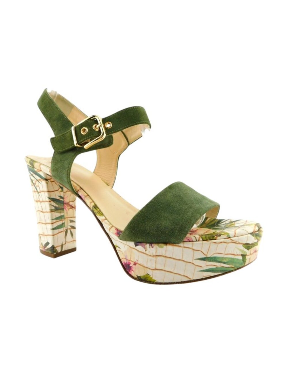 HOGL Green Suede Ankle Strap Floral Block Heel Platform Sandals 7UK/9.5US